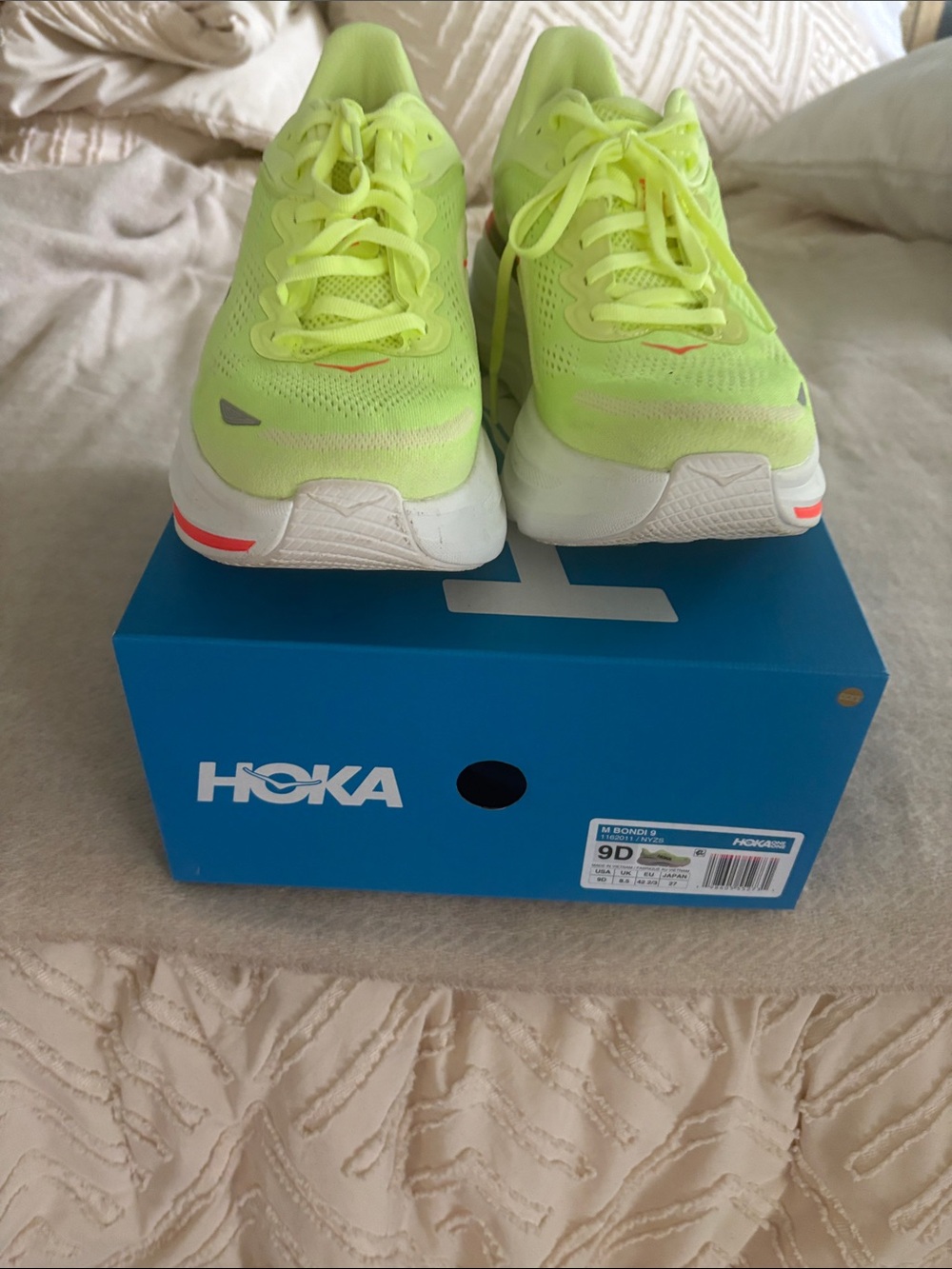 Hoka Bondi 9 Neon Yellow and White Running Sneakers